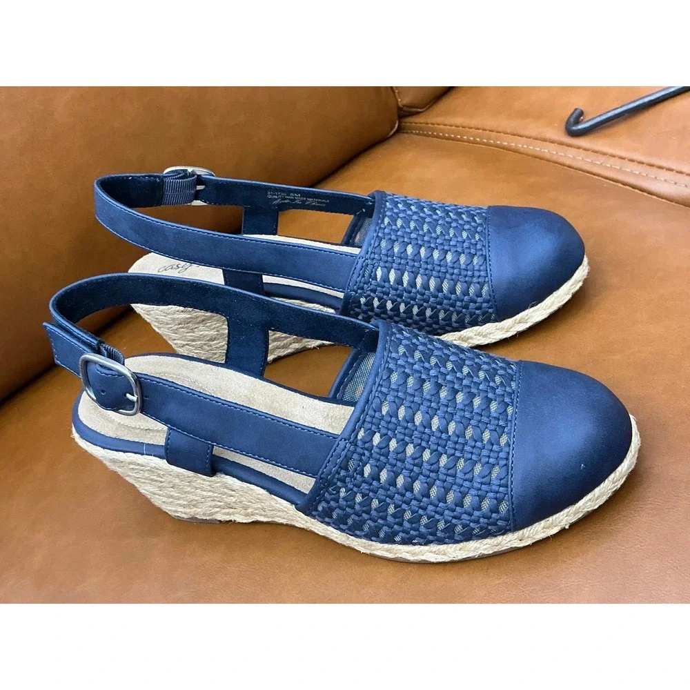 Easy Street Taffy Wedge Sandals Womens 8 Navy Excellent Woven Espadrille